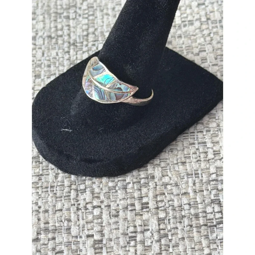 Vintage Sterling Silver Abalone Shell Leaf Ring 925 Inlay Boho Nature Jewelry